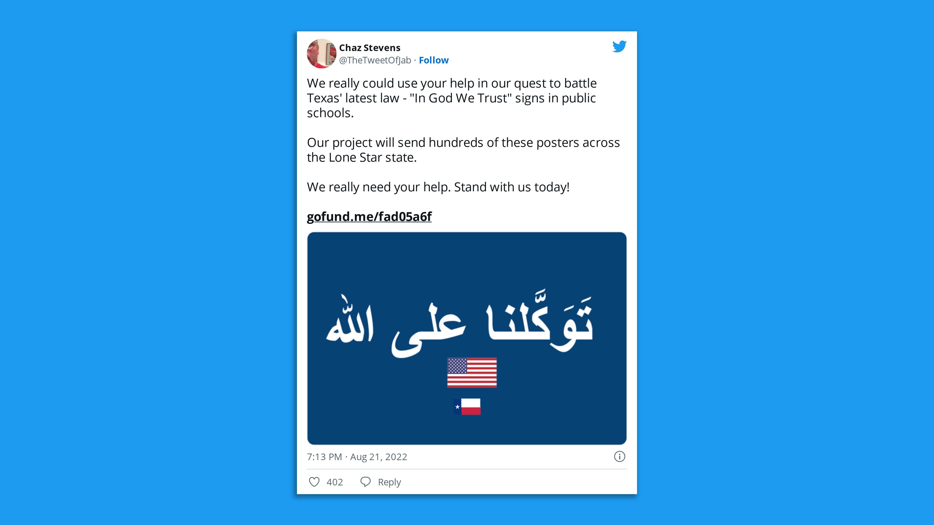 A screenshot of a tweet fundraising for In God We Trust signs written in Arabic for Texas schools.